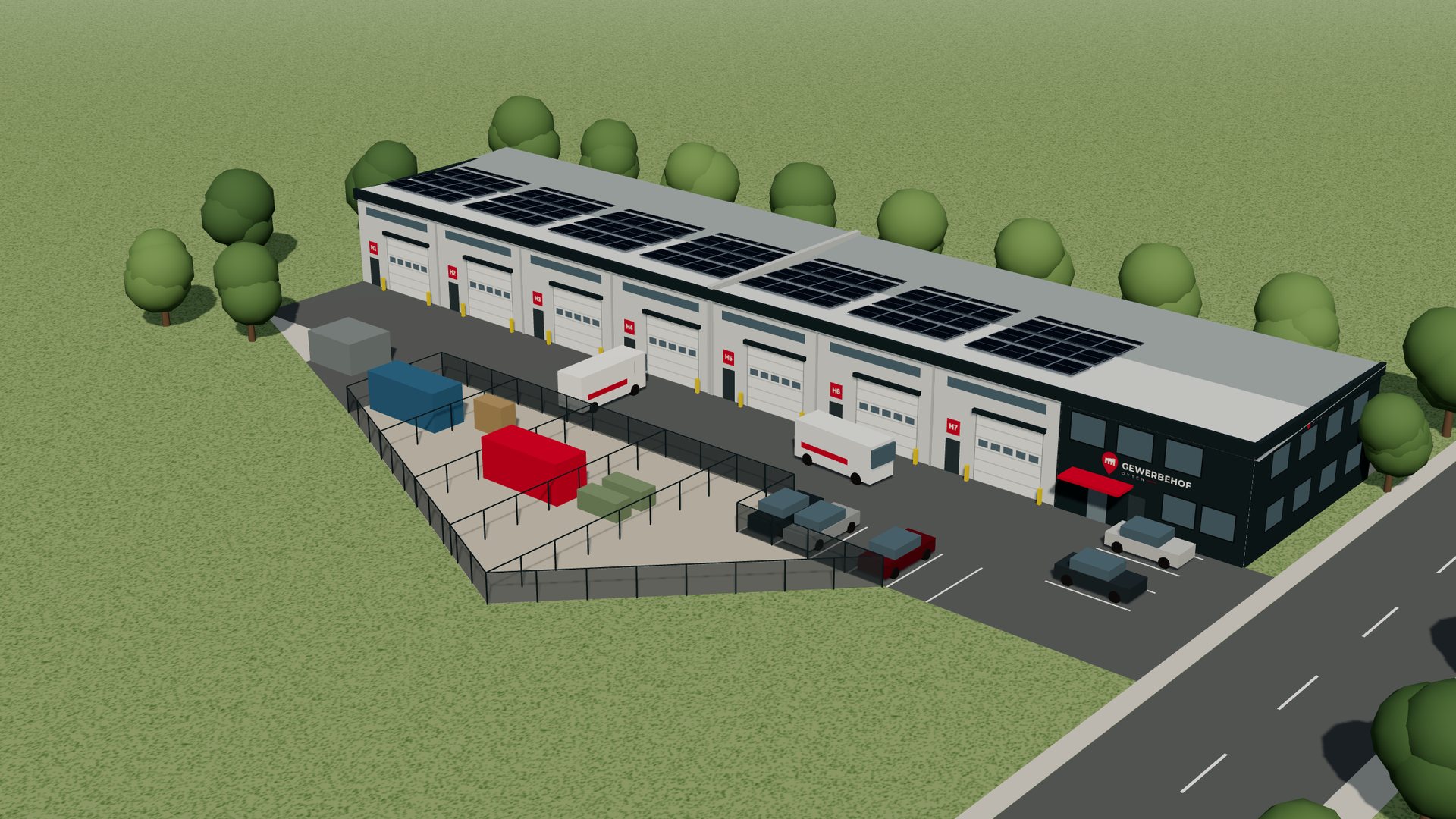 Visualisierung Gewerbehof Oyten: Hallenriegel mit sieben Lagerhallen, zweigeschossigem Bürohaus, Photovoltaik, Rangierfläche und eingezäunten Außenparzellen